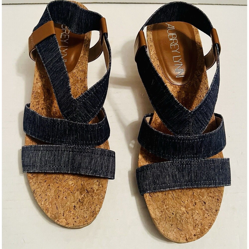 Aubrey Lynn Denim wedge sandals featuring denim straps and a cork sole